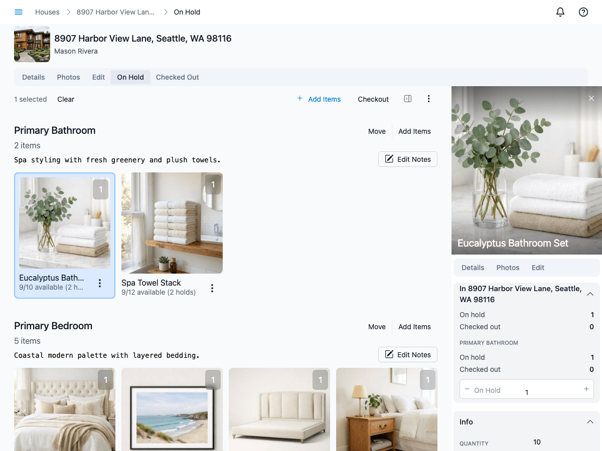 Staging Assistant app showing room staging view