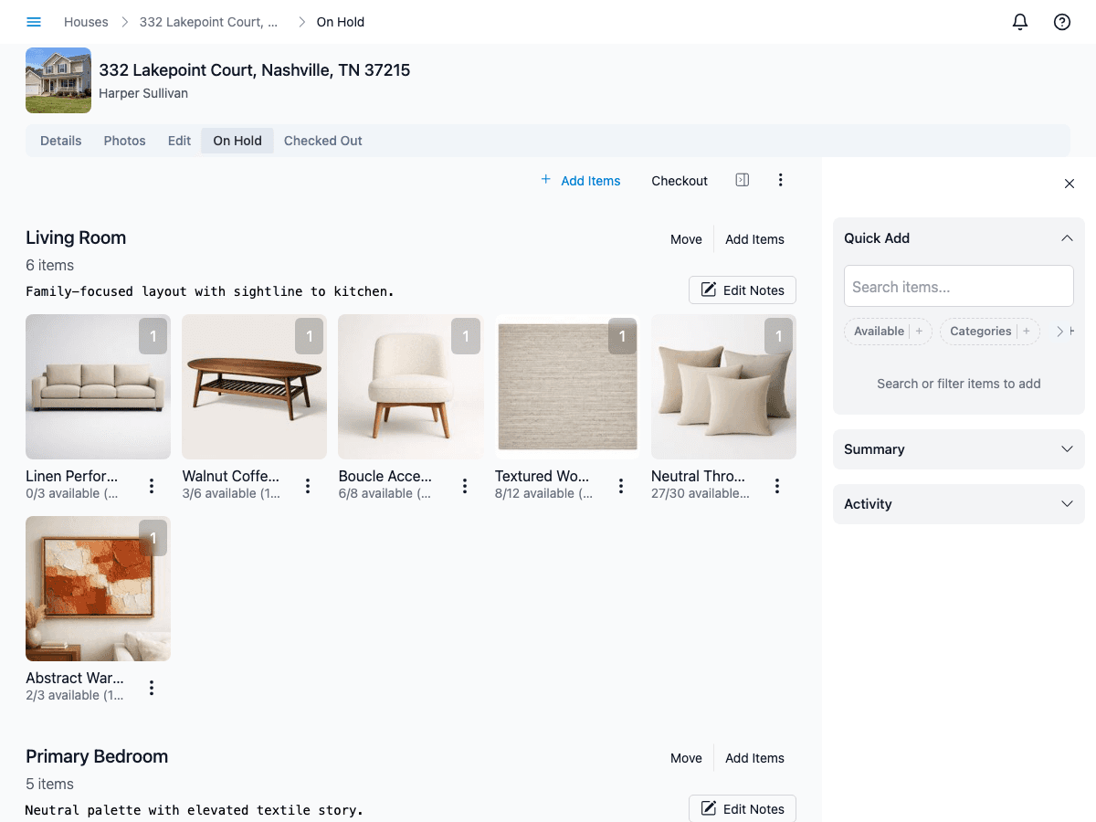 House staging rooms with quick-add sidebar