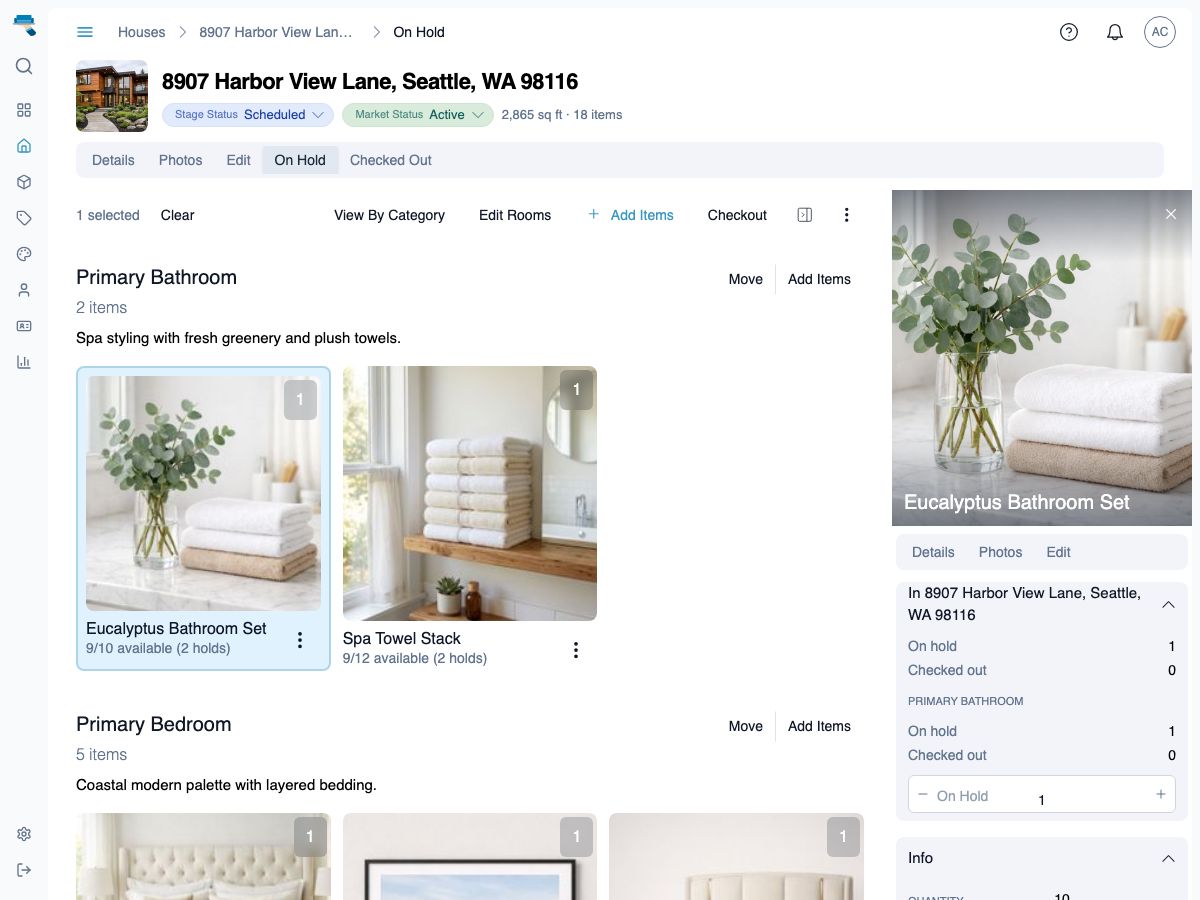 Staging Assistant app showing room staging view
