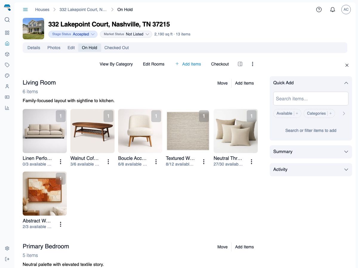 House staging rooms with quick-add sidebar