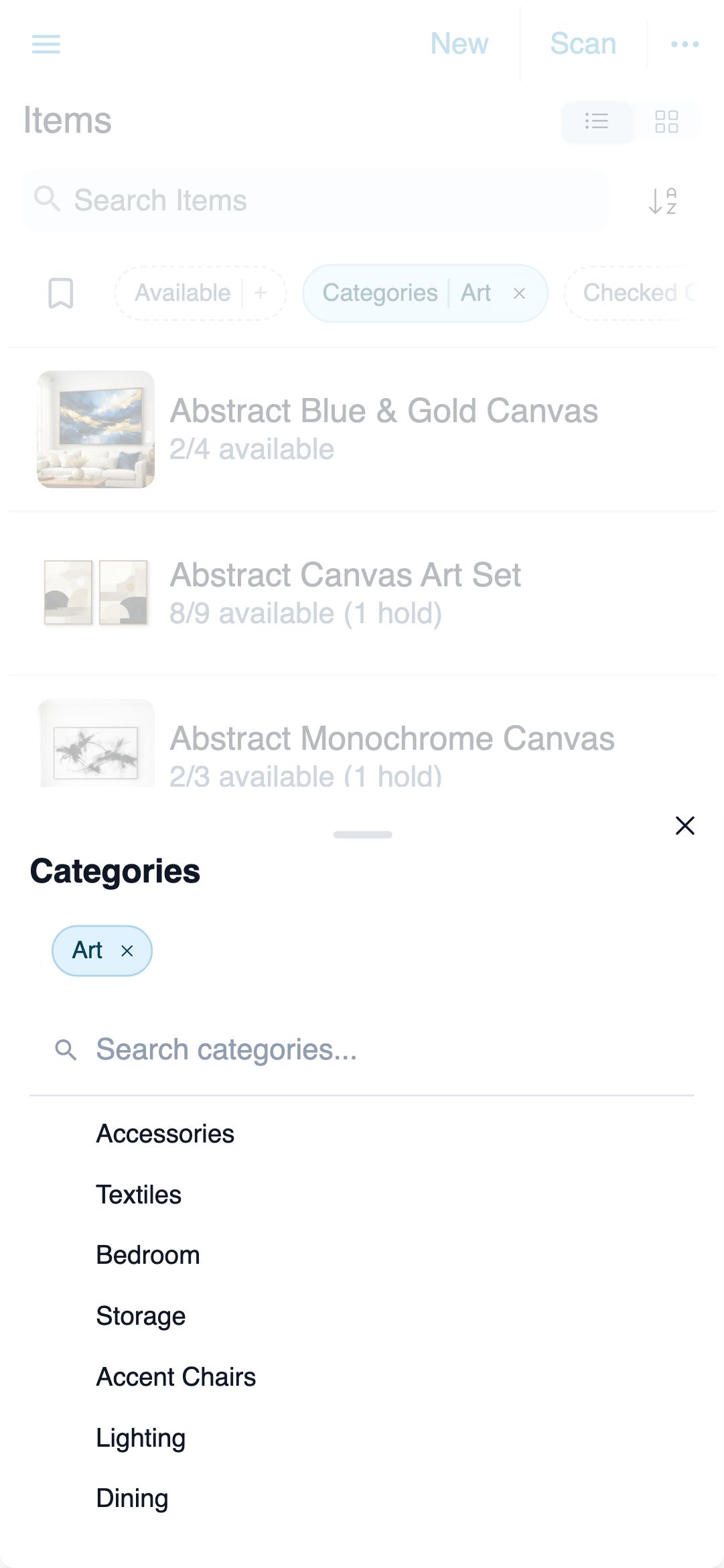 Category filter bottom sheet over the item list on a phone