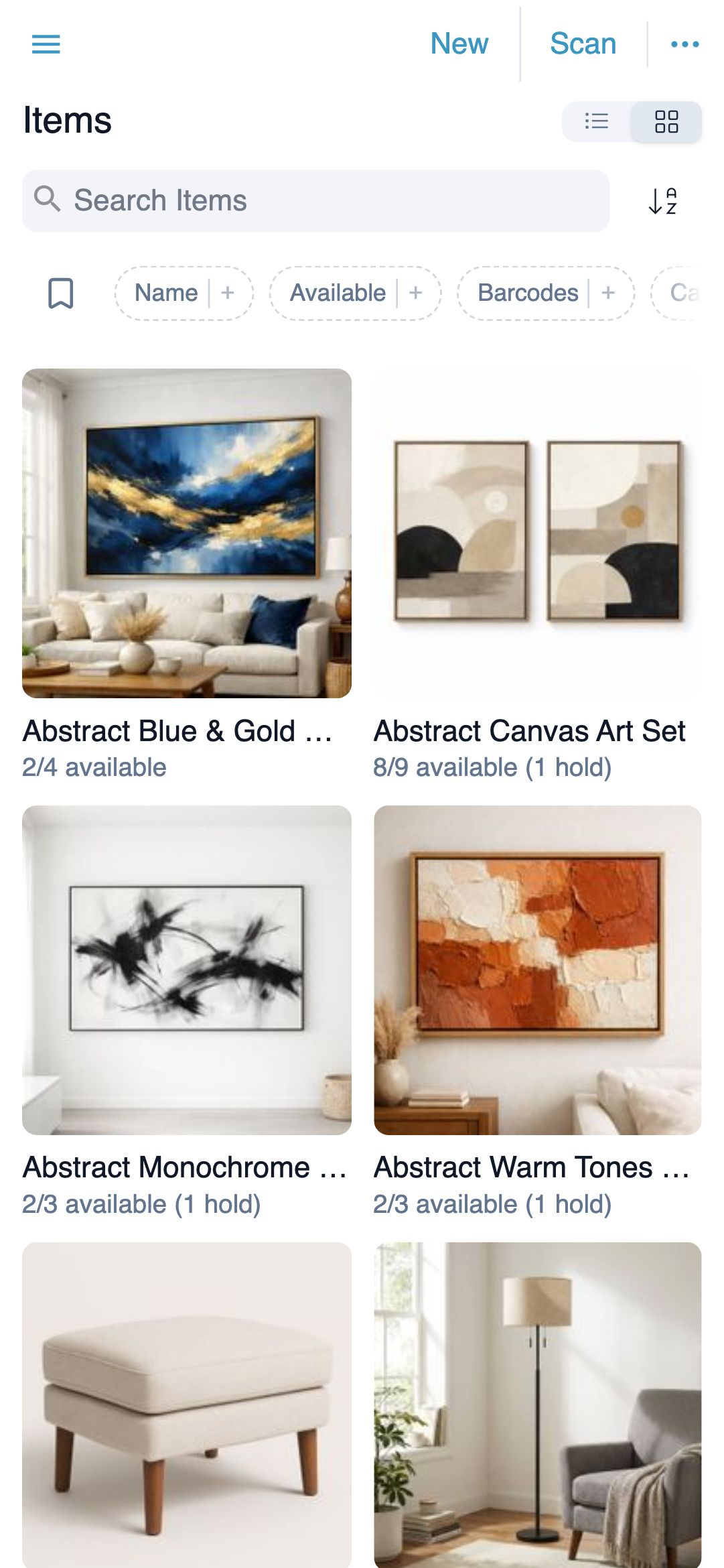 Item grid with photos, search, and filter chips on a phone